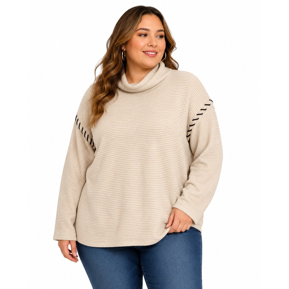 T Tahari Womens Beige Ribbed Cowl‎ Neck Sweater Whipstitch Detail Oatmeal XL